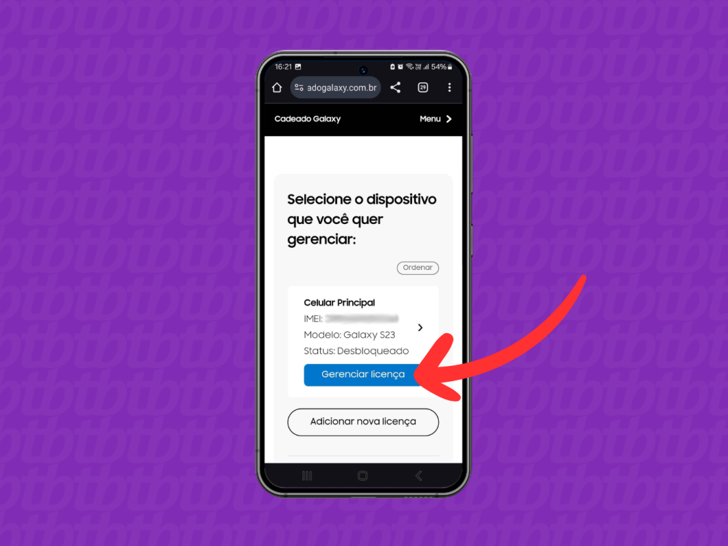 Captura de tela do site Cadeado Galaxy mostra como acessar a opção "Gerenciar licença"