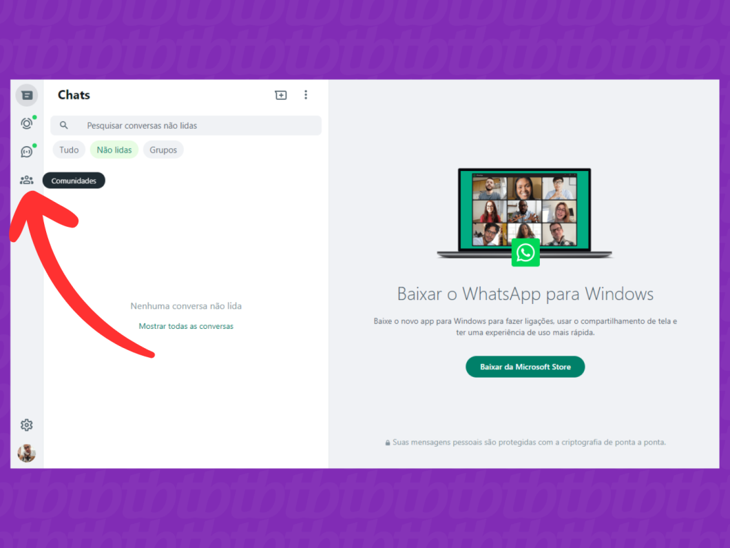 Captura de tela do site WhatsApp Web mostra como abrir a aba Comunidades