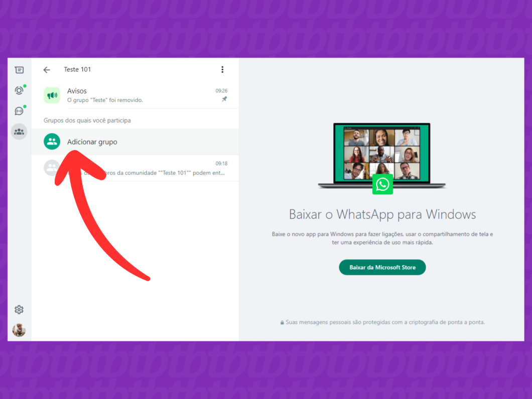 Captura de tela do site WhatsApp Web mostra como acessar a opção adicionar grupo