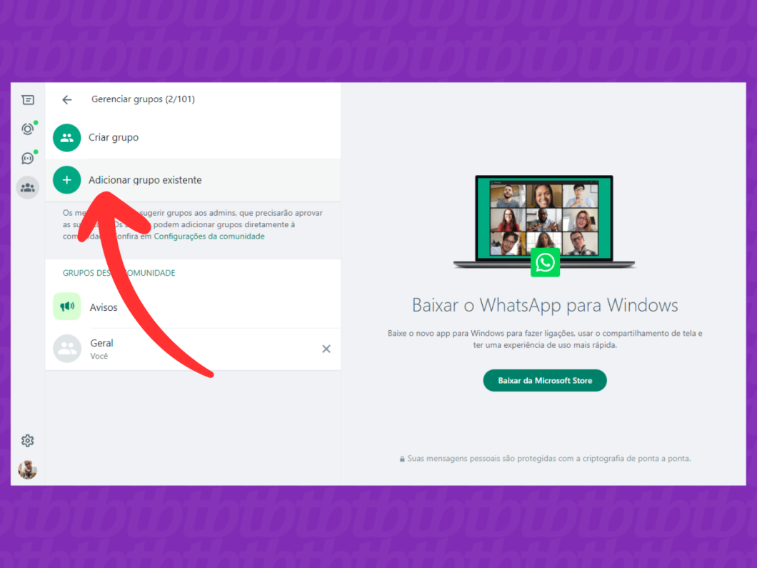 Captura de tela do site WhatsApp Web mostra como acessar a opção adicionar grupo existente
