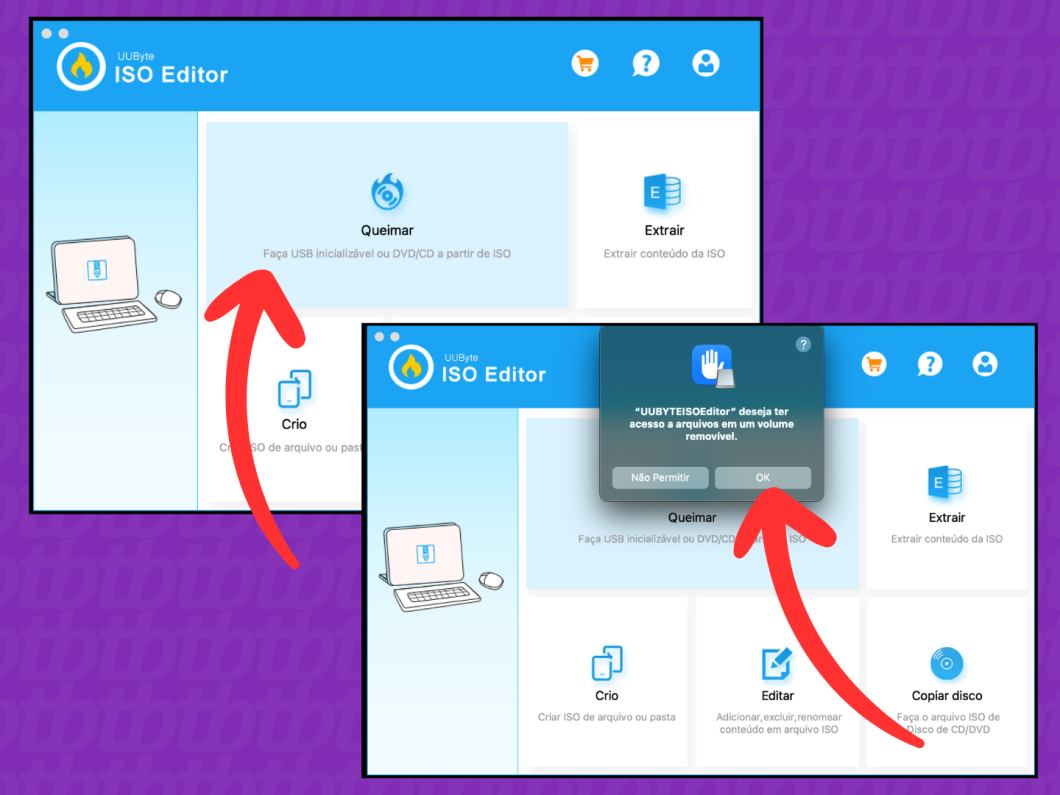 Capturas de tela do UUByte ISO Editor mostram como acessar a opção Queimar