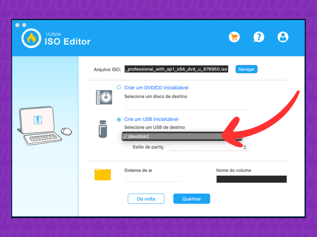 Captura de tela do UUByre ISO Editor mostra como marcar a opção Crie um USB inicializável e destino