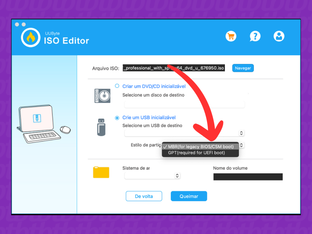 Captura de tela do UUByte ISO Editor mostra como selecionar o estilo de partição do pen drive