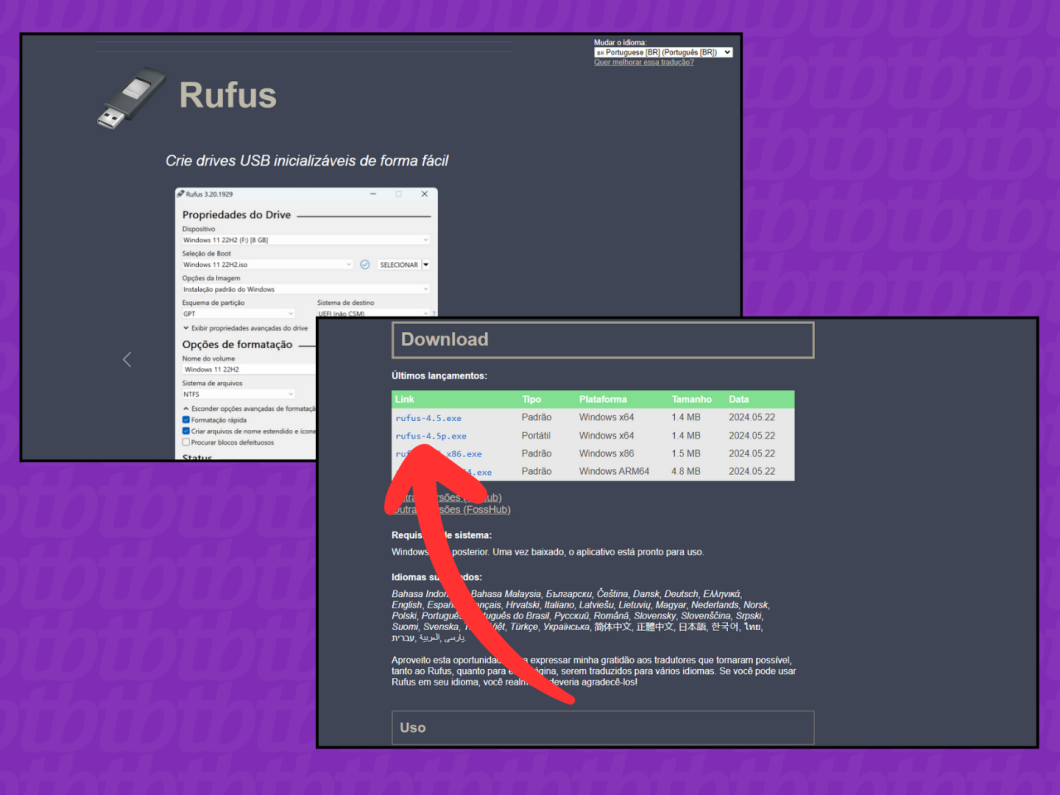 Capturas de tela do site Rufus mostram como baixar a versão portátil do aplicativo