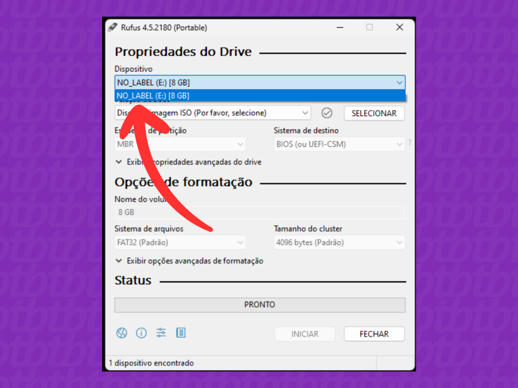 Captura de tela do Rufus mostra como selecionar o pen drive para gravar o Windows 7