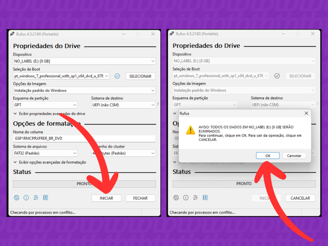 Capturas de tela do Rufus mostram como iniciar a gravação da ISO do Windows 7 no pen drive