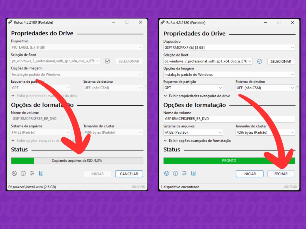 Capturas de tela do Rufus mostram como fechar o programa após a gravação da ISO do Windows 7 no pen drive