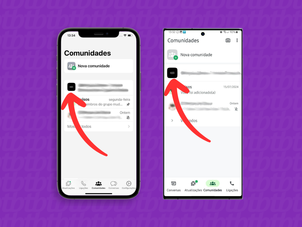 Capturas de tela do aplicativo WhatsApp no iPhone e Android mostram como acessar uma Comunidade