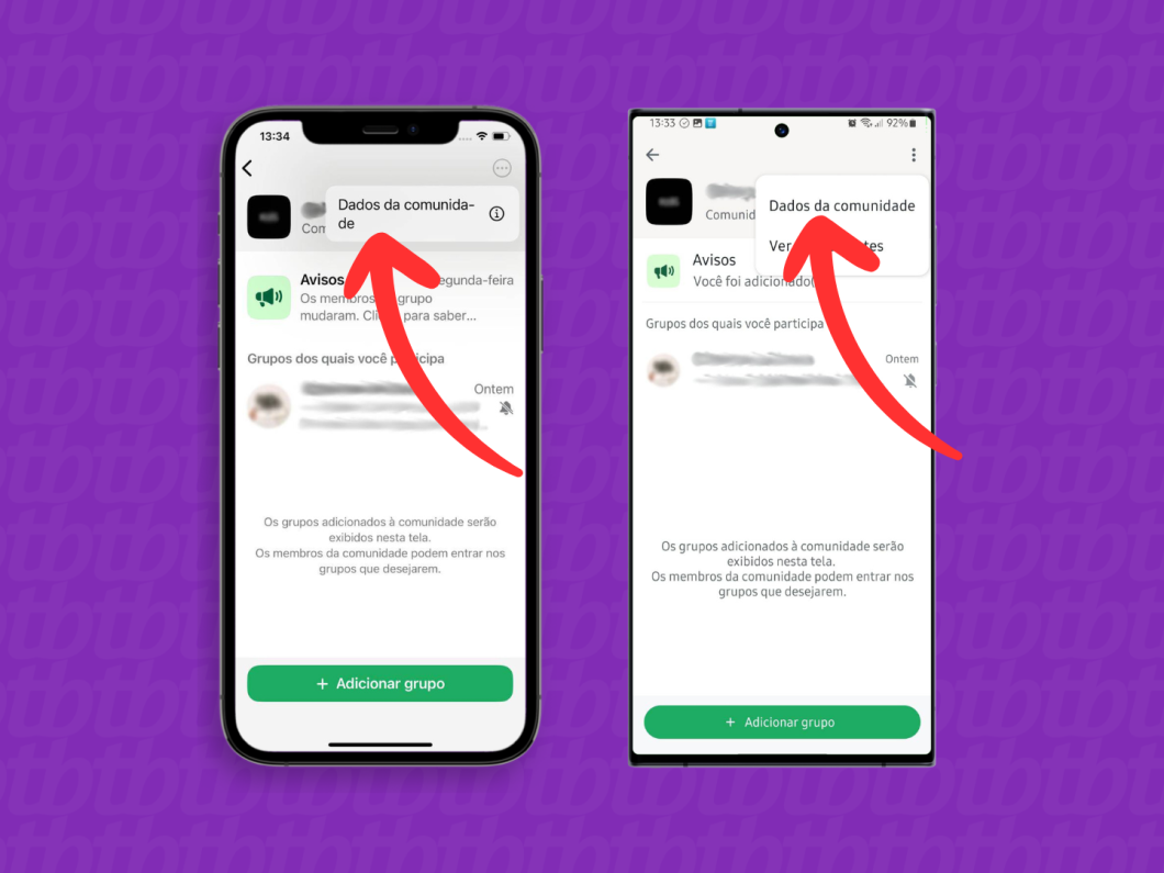 Capturas de tela do aplicativo WhatsApp no iPhone e Android mostram como abrir o menu Dados da Comunidade