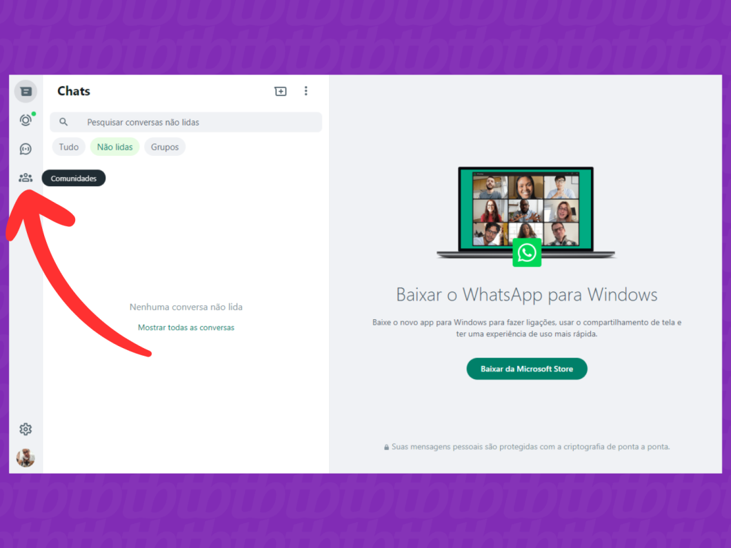 Captura de tela do site WhatsApp Web mostra como acessar a aba Comunidades