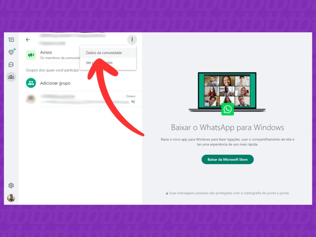 Captura de tela do site WhatsApp Web mostra como abrir o menu Dados da Comunidade