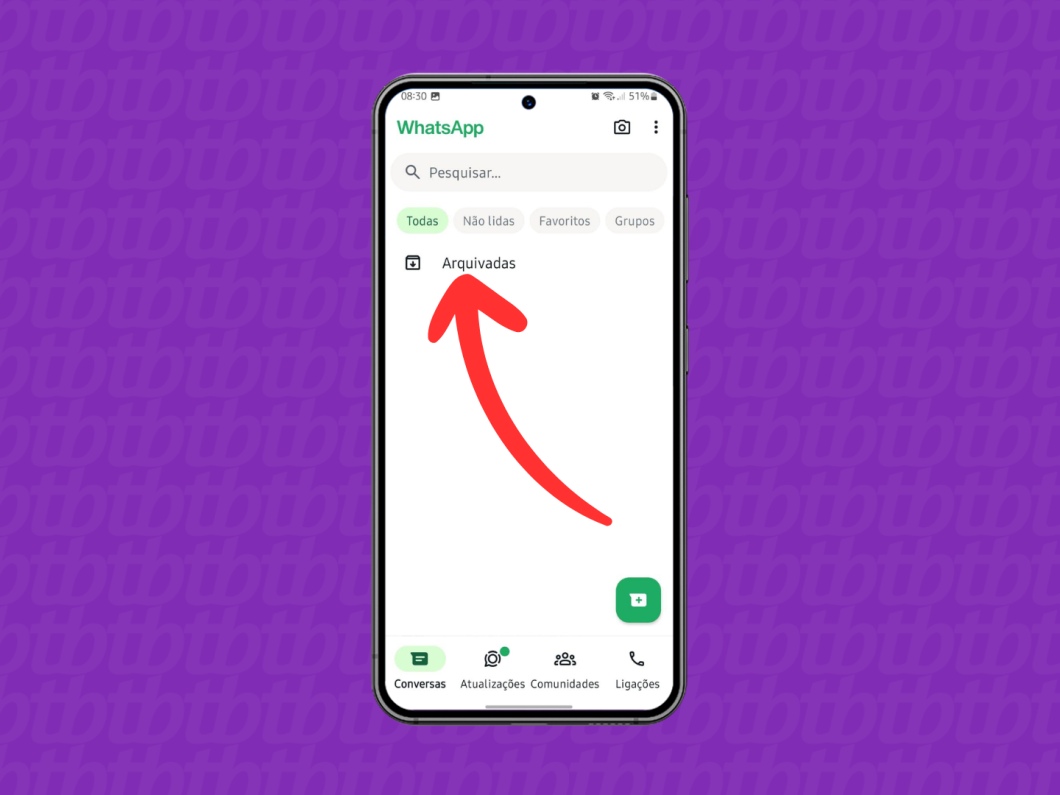 Captura de tela do aplicativo WhatsApp no Android mostra como acessar a pasta Arquivadas