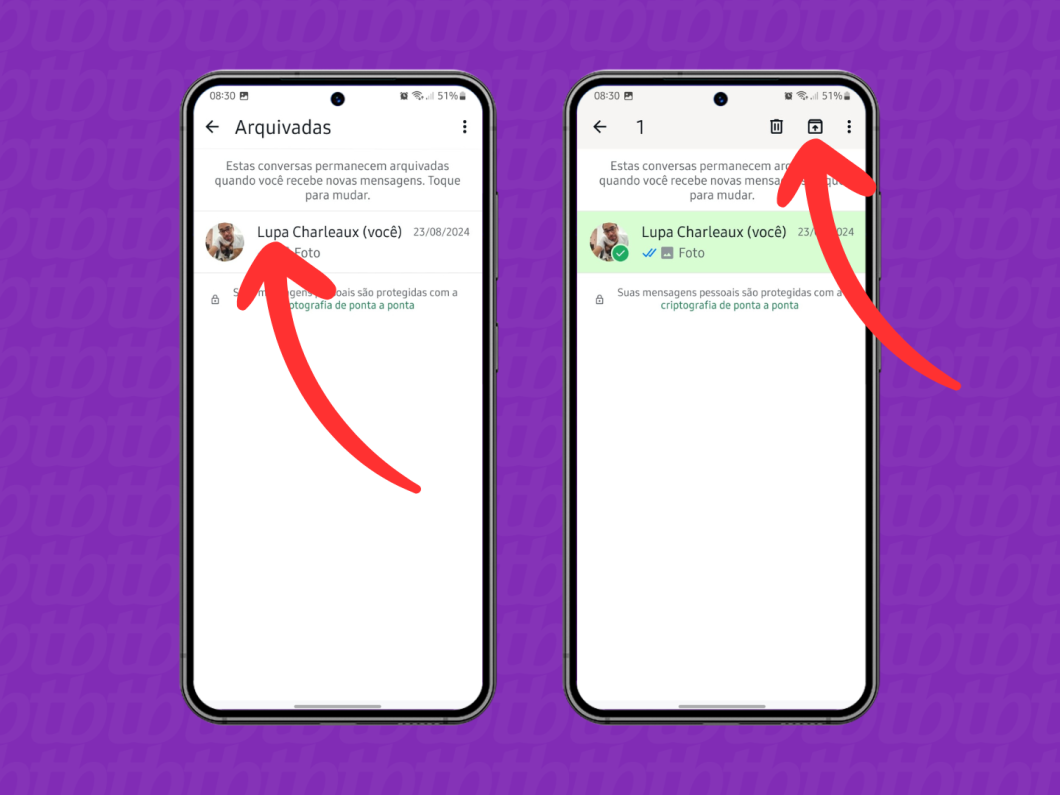 Capturas de tela do aplicativo WhatsApp no Android mostram como desarquivar uma conversa