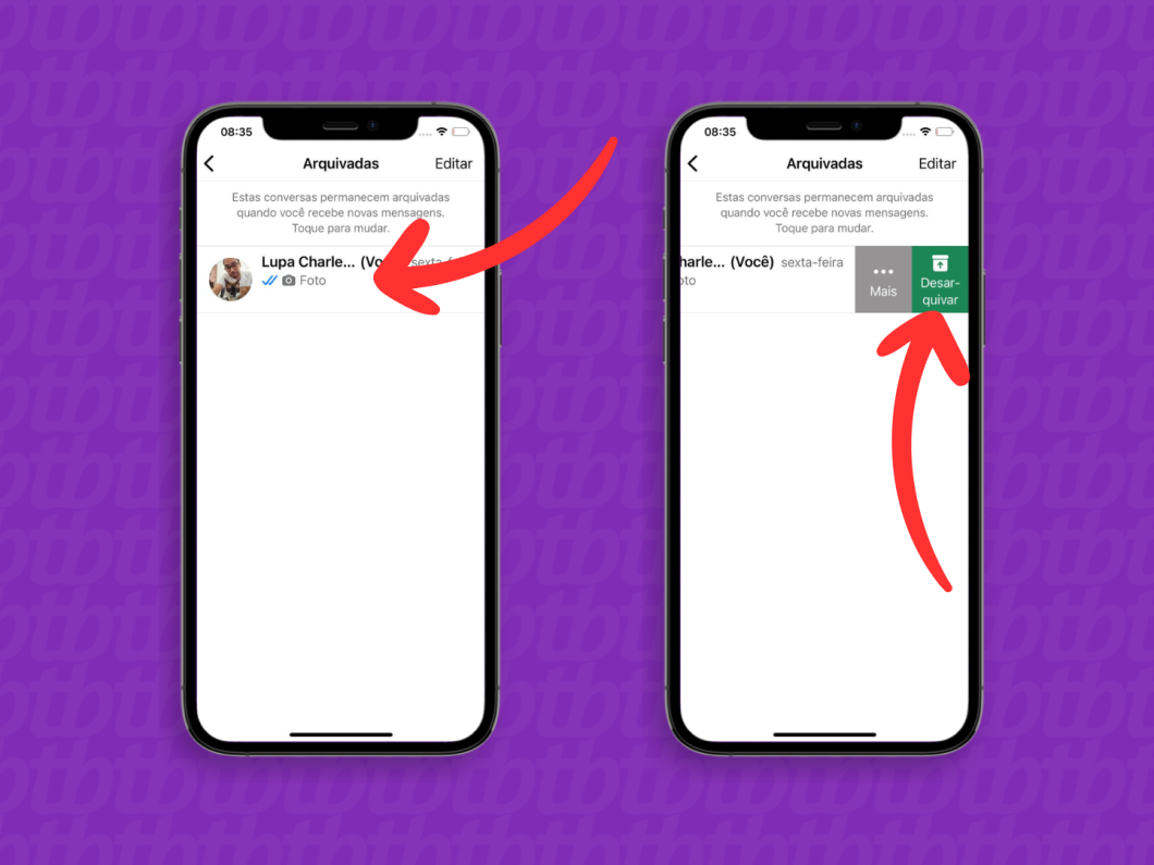 Capturas de tela do aplicativo WhatsApp no iPhone mostram como desarquivar uma conversa