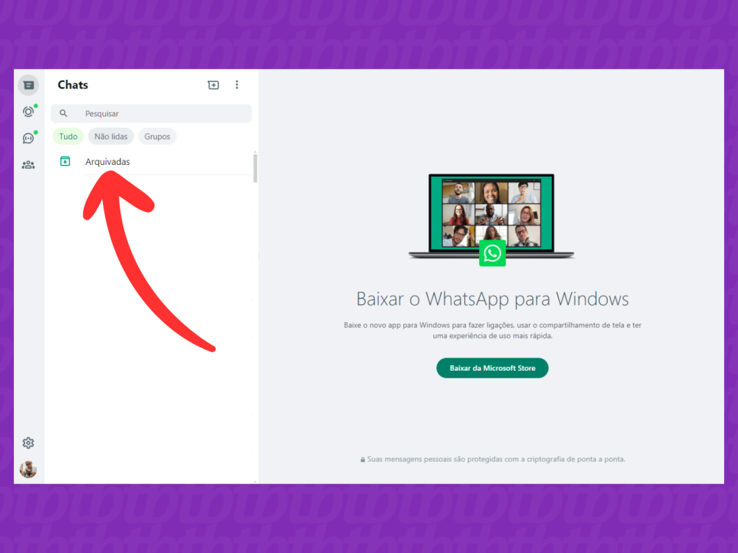 Captura de tela do site WhatsApp Web mostra como acessar a pasta Arquivadas