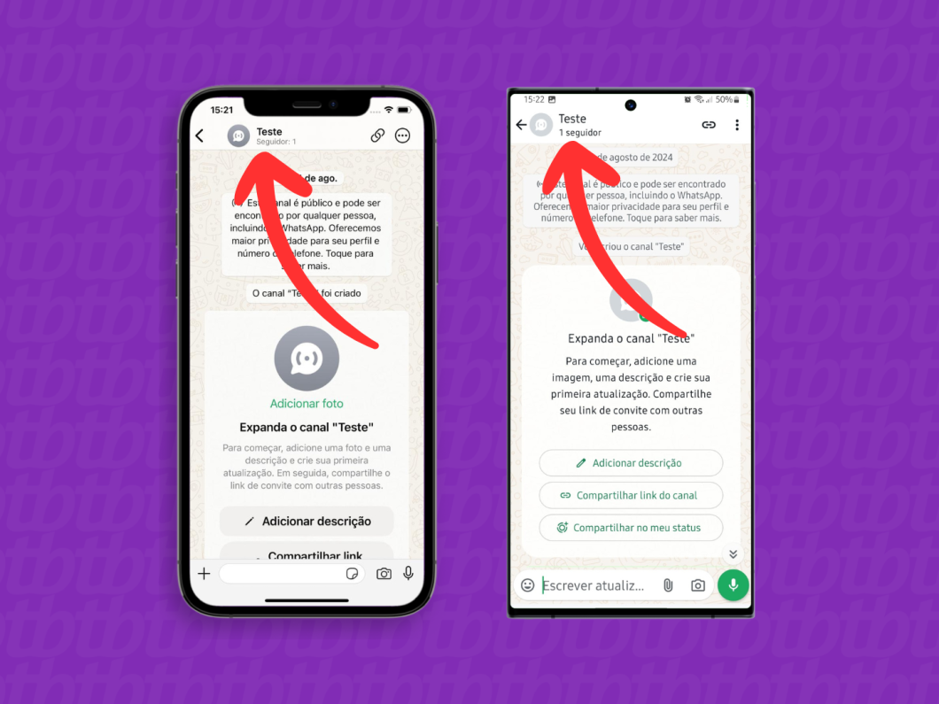 Capturas de tela do aplicativo WhatsApp no iPhone e Android mostram como abrir o menu Dados do canal