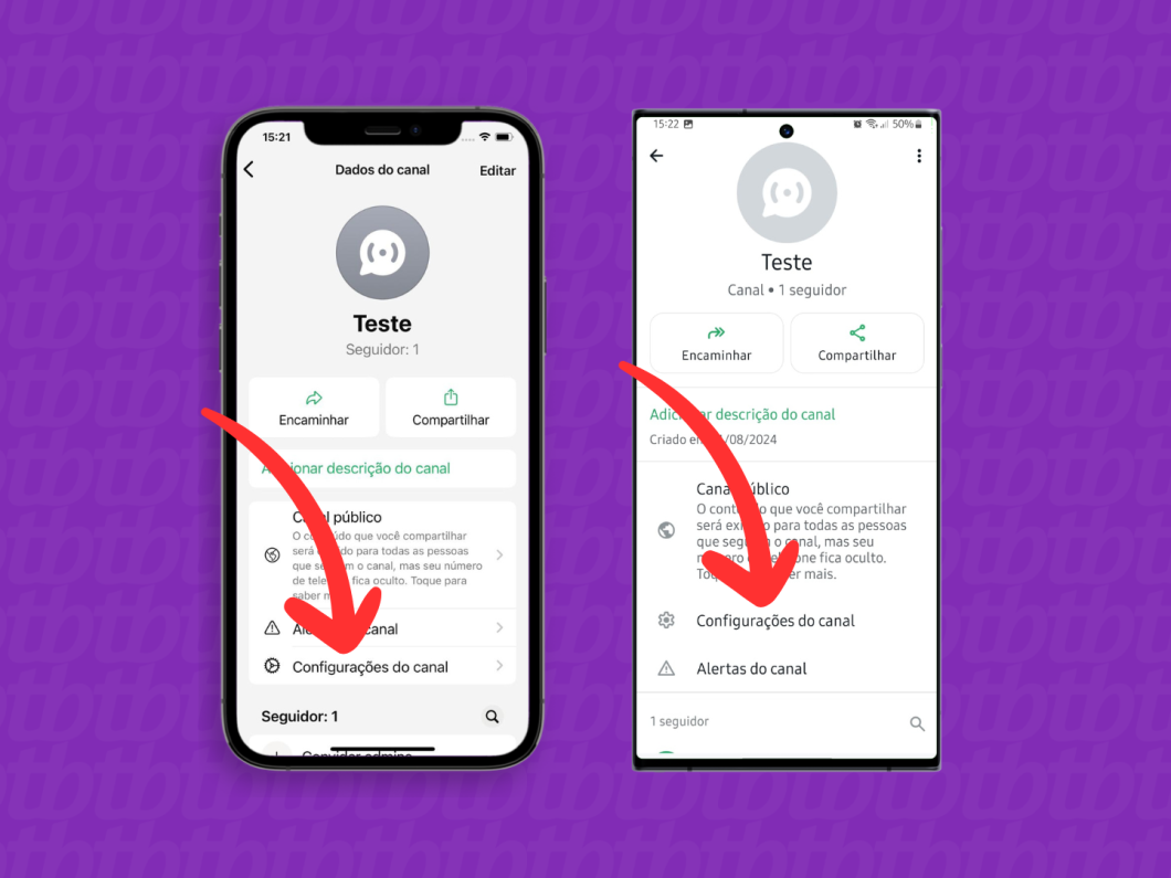 Capturas de tela do aplicativo WhatsApp no iPhone e Android mostram como acessar as Configurações do Canal