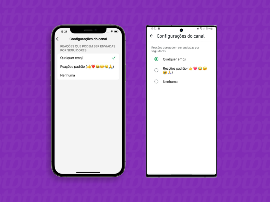 Capturas de tela do aplicativo WhatsApp no iPhone e Android mostram como selecionar as reações que podem ser enviadas pelos seguidores do canal