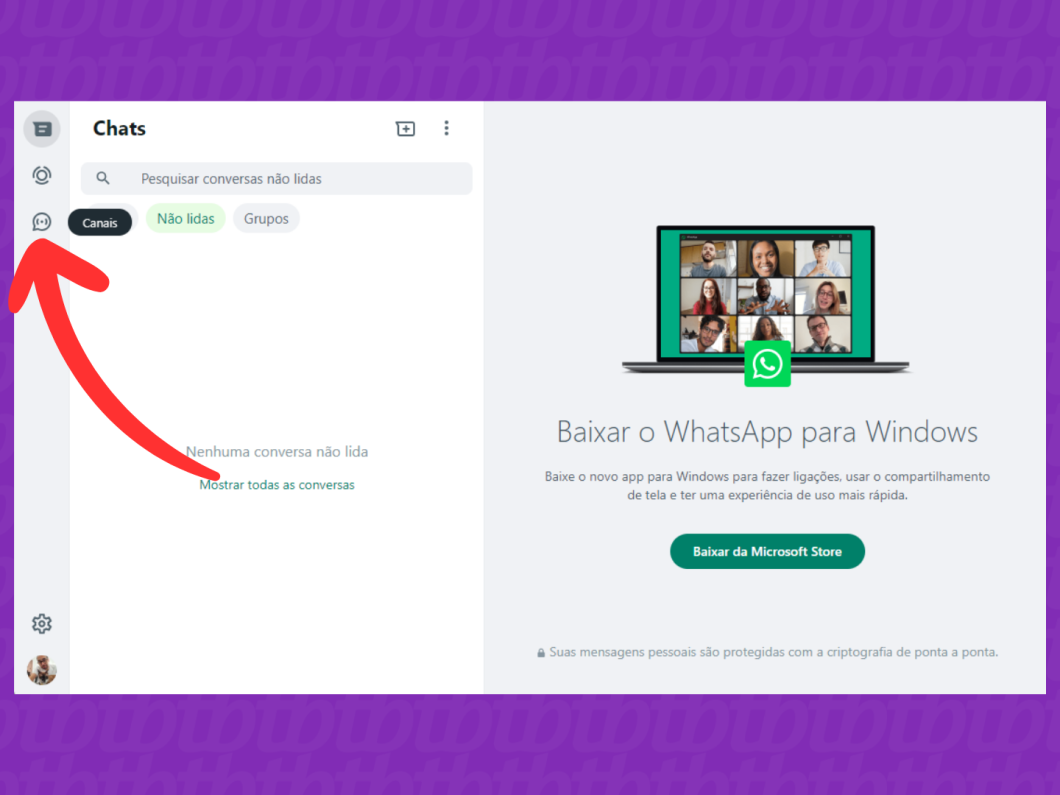 Captura de tela do site WhatsApp Web mostra como abrir a aba "Canais"