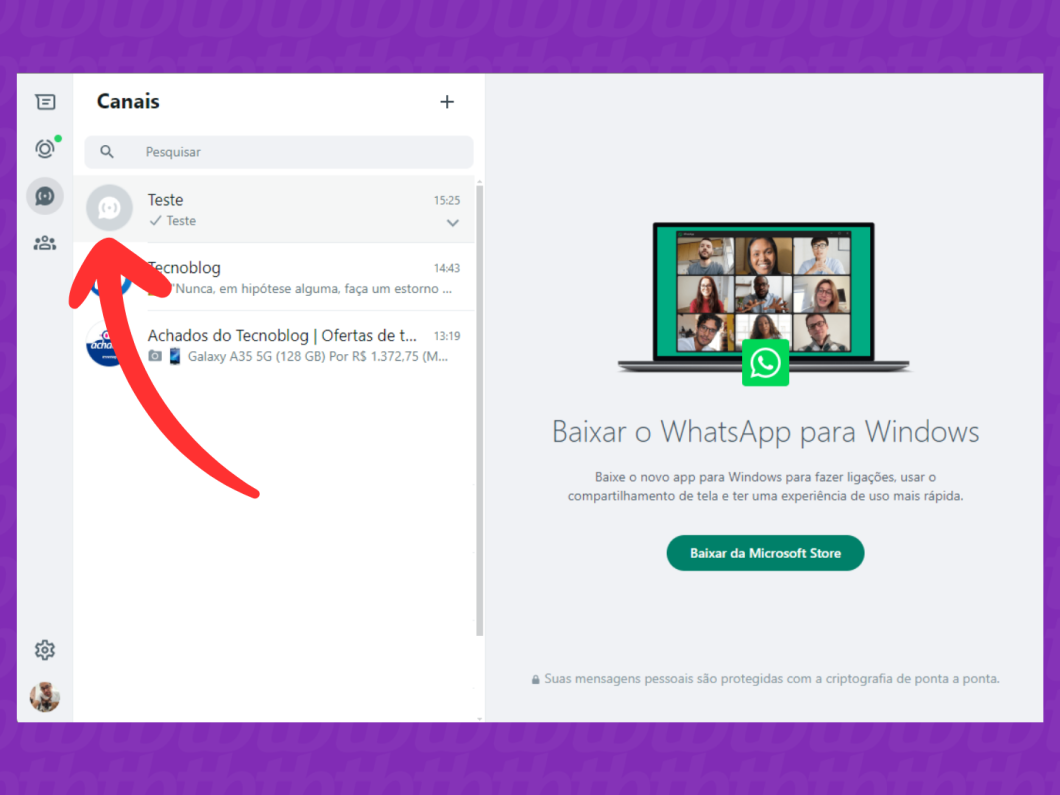 Captura de tela do site WhatsApp Web mostra como abrir um canal