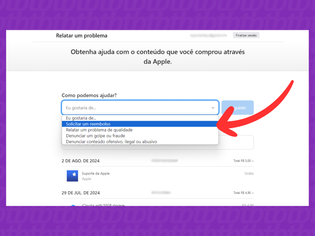 Captura de tela do site Relatar um problema mostra como solicitar um reembolso