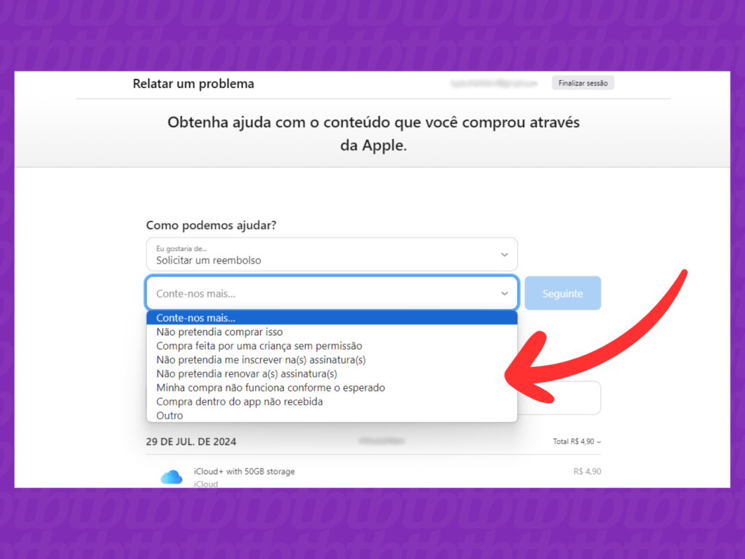 Captura de tela do site Relatar um problema mostra como explicar o motivo do cancelamento