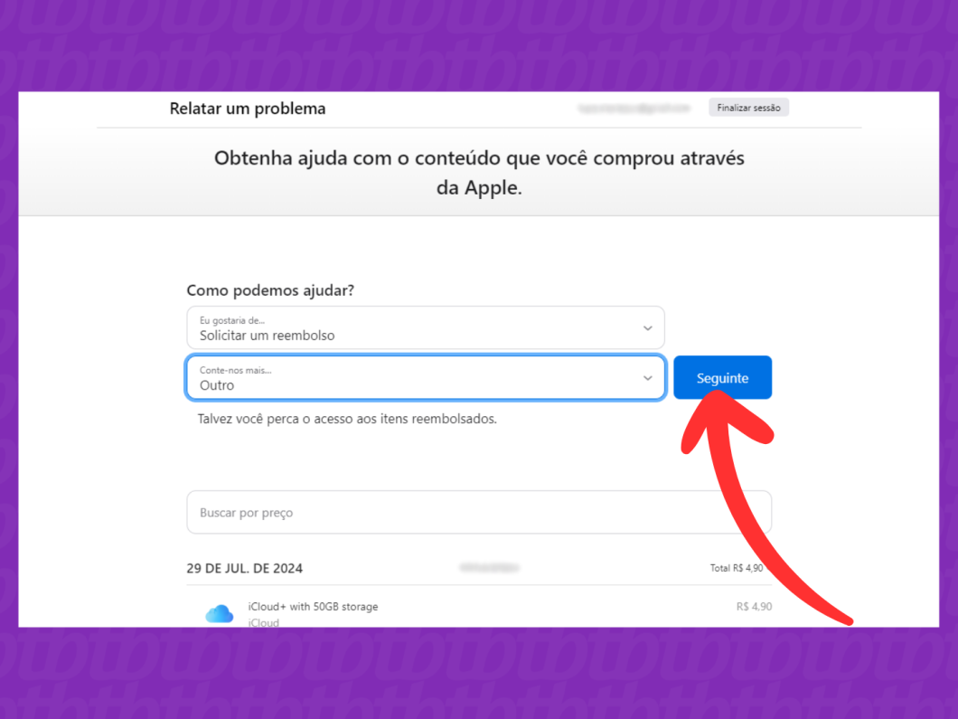 Captura de tela do site Relatar um problema mostra como avançar no pedido do reembolso