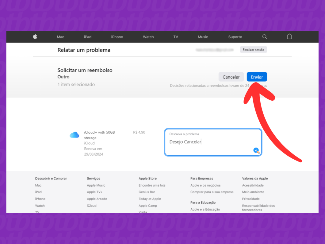 Captura de tela do site Relatar um problema mostra como enviar o pedido de cancelamento