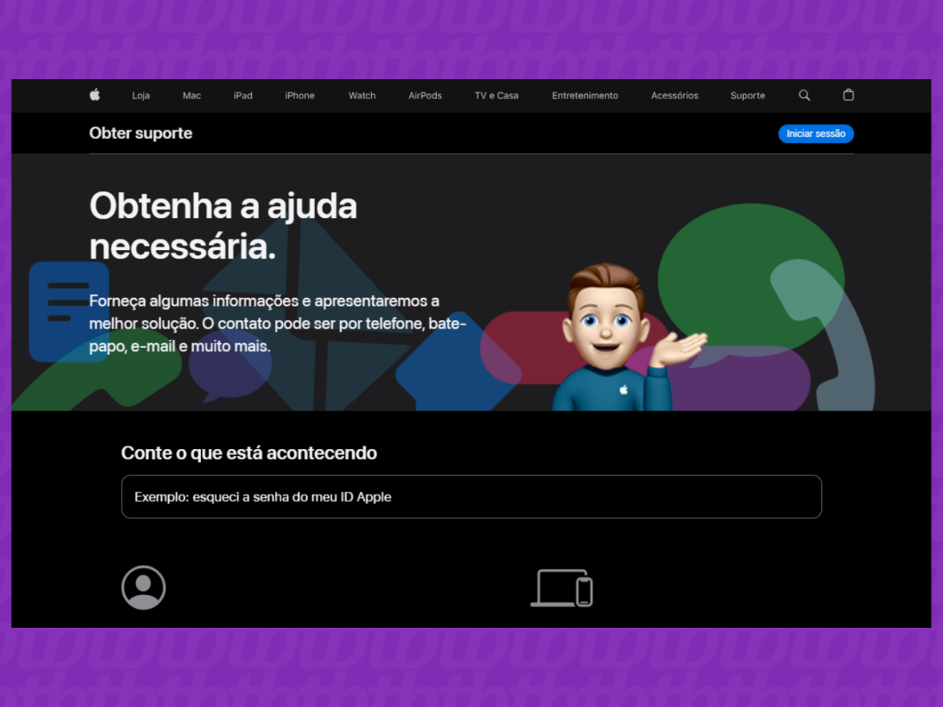 Captura de tela do site Suporte da Apple