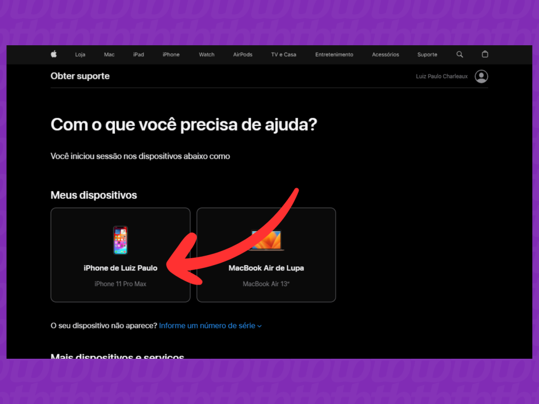 Captura de tela do site Suporte da Apple mostra como selecionar um dos dispositivos para encontrar suporte