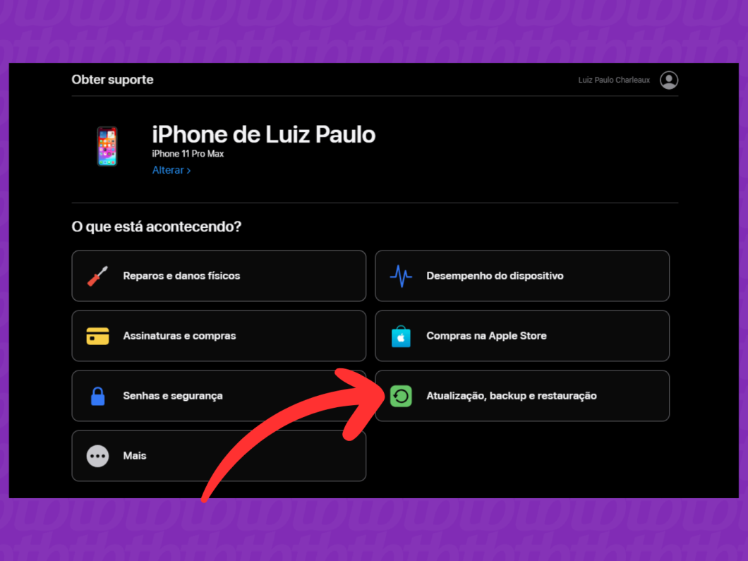 Captura de tela do site Suporte da Apple mostra como escolher um dos problemas para obter suporte