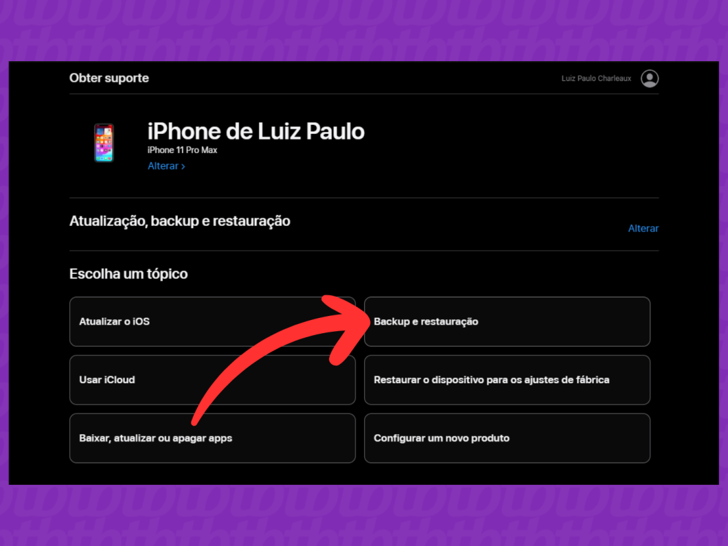 Captura de tela do site Suporte da Apple mostra como escolher um dos tópicos para obter suporte