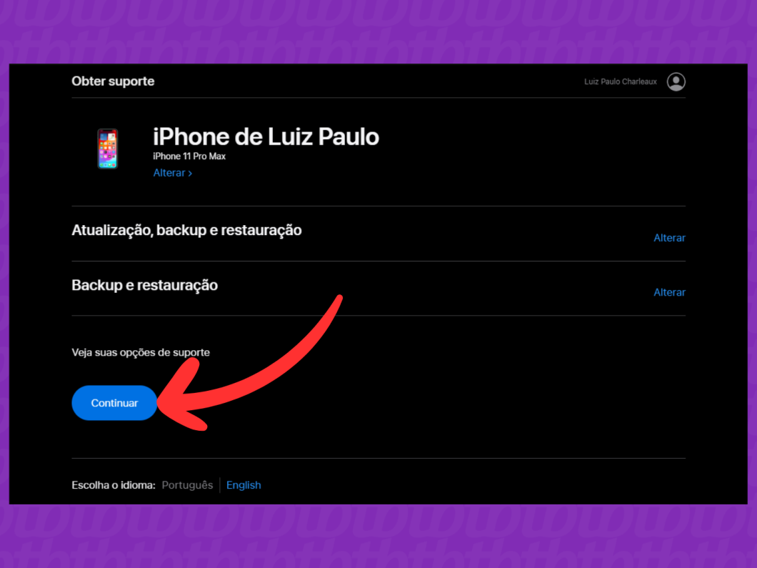 Captura de tela do site Suporte da Apple mostra como avançar para obter suporte