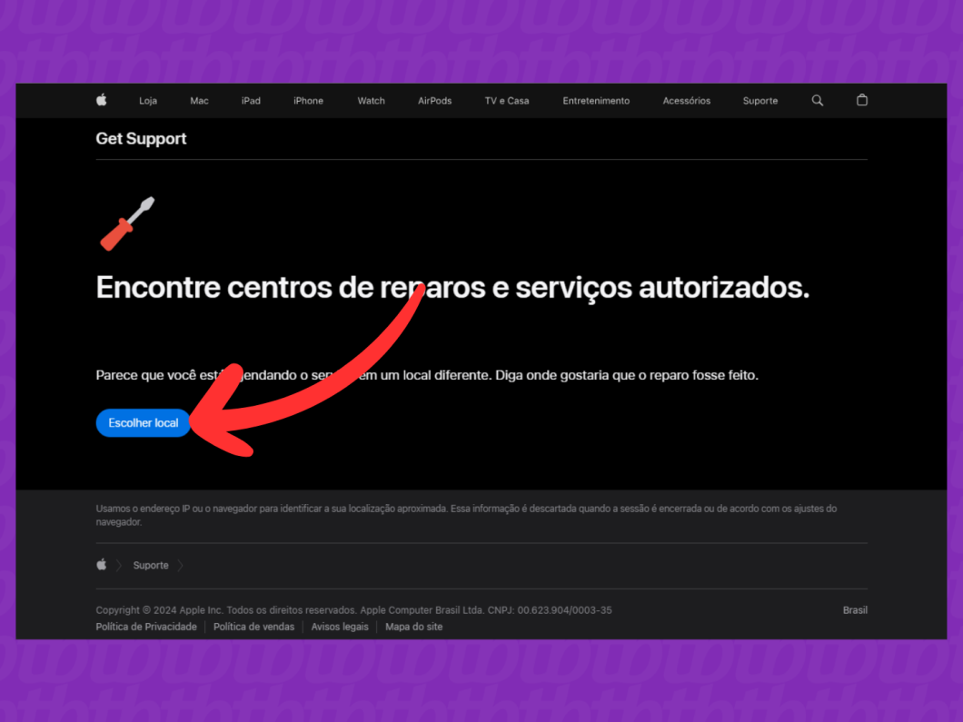 Captura de tela do site Suporte da Apple mostra como acessar a opção Escolher local