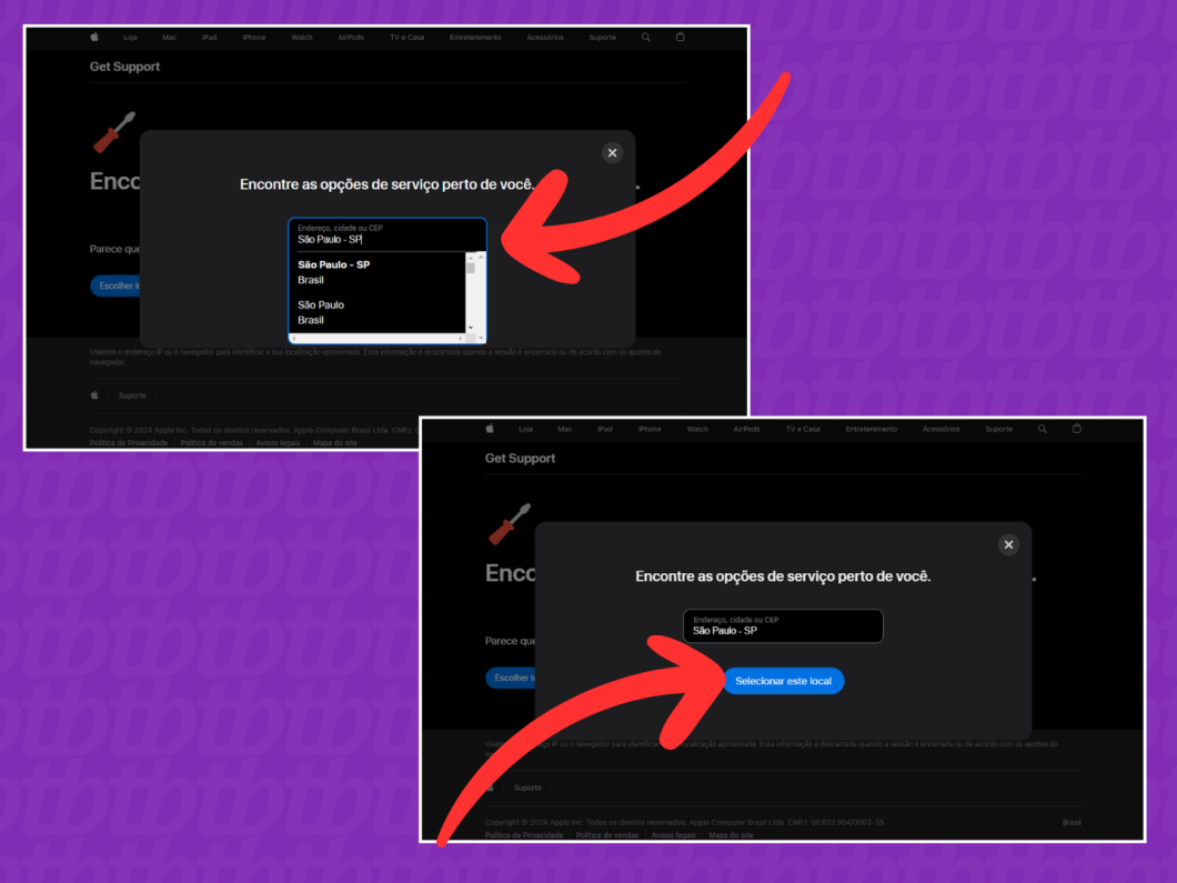 Captura de tela do site Suporte da Apple mostra como escolher a localização para encontrar a assistência técnica autorizada
