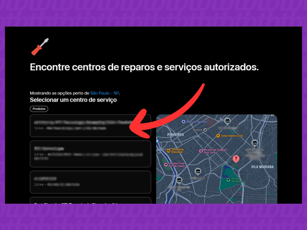 Captura de tela do site Suporte da Apple mostra como acessar as informações da assistência técnica autorizada