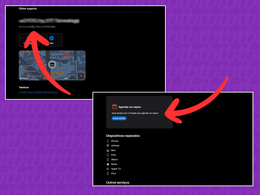 Captura de tela do site Suporte da Apple mostra como encontrar o telefone a agendar um reparo na assistência técnica autorizada