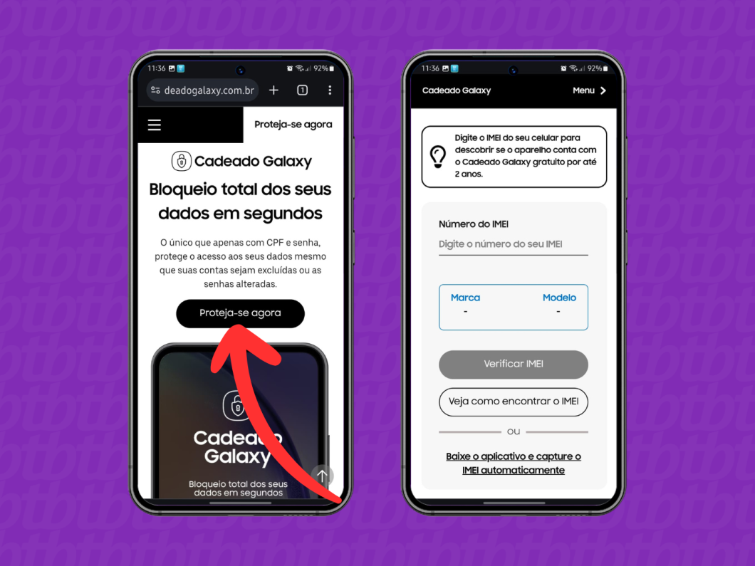 Capturas de tela do site Cadeado Galaxy mostram como registrar o IMEI
