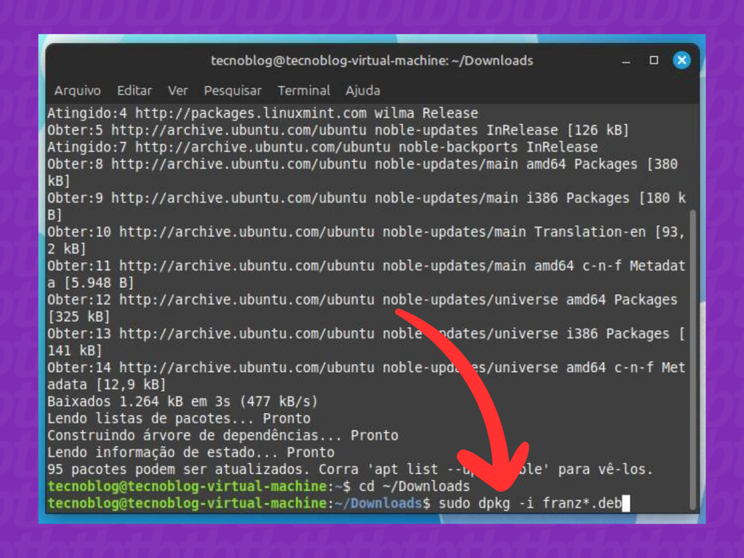 Captura de tela do Terminal Linux mostra como instalar o Franz