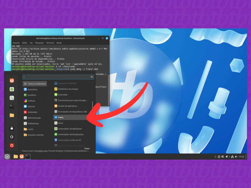 Captura de tela do Linux mostra como abrir o Franz