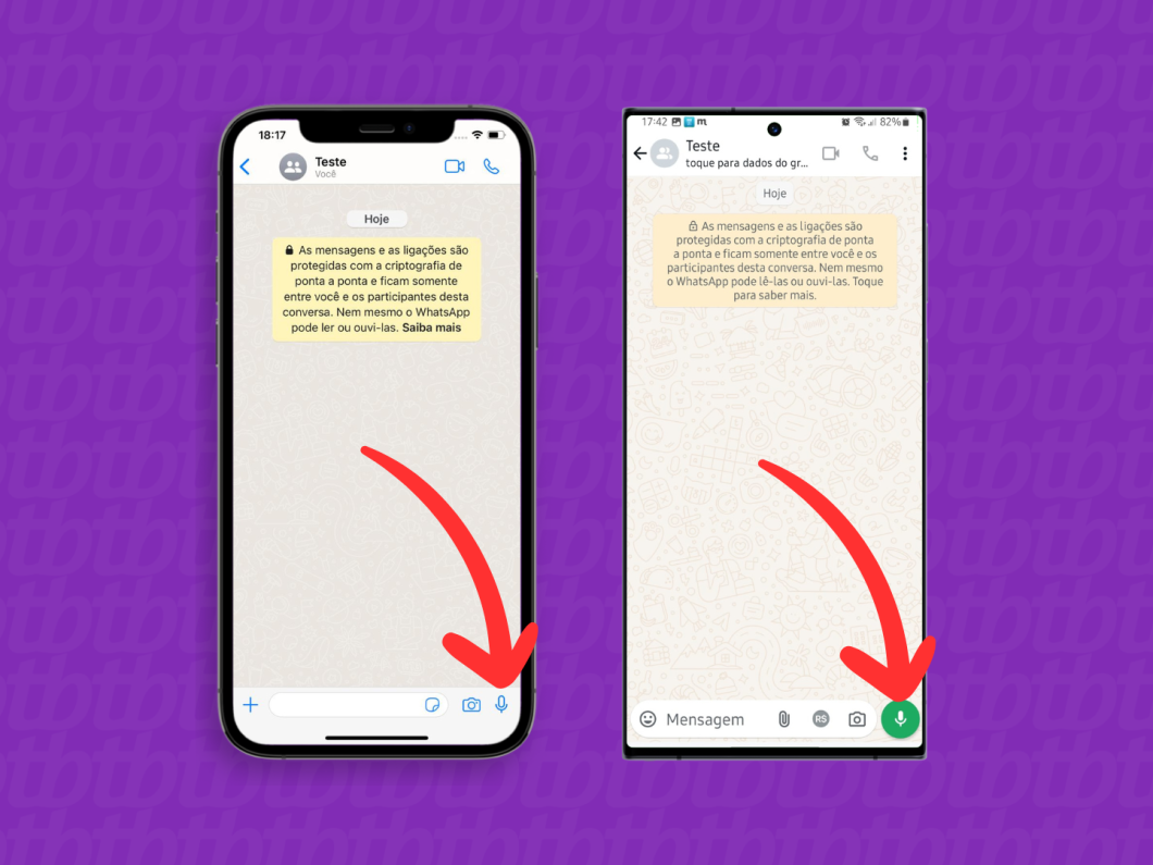 Capturas de tela do WhatsApp no iPhone e do Android mostram como começar a gravar um áudio