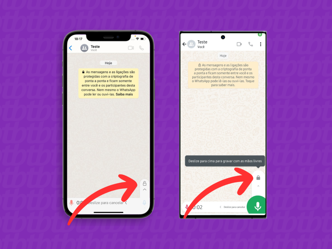 Capturas de tela do WhatsApp no iPhone e do Android mostram como habilitar o recurso mãos livres