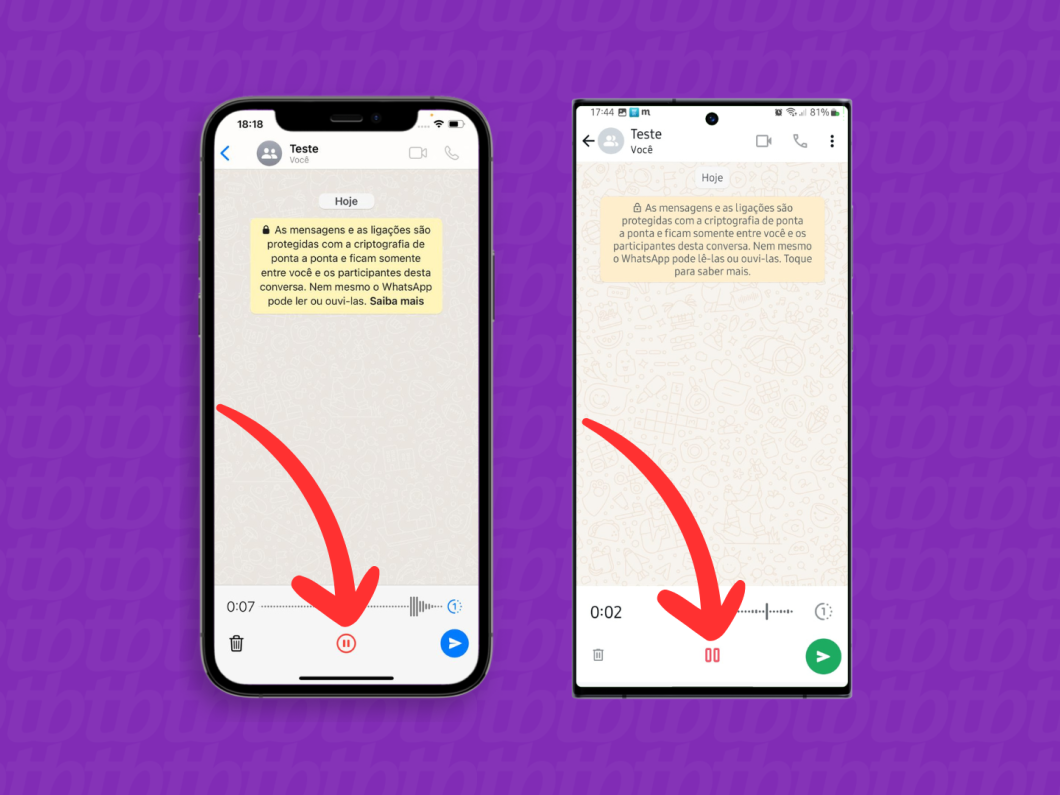 Capturas de tela do WhatsApp no iPhone e do Android mostram como parar a gravação do áudio