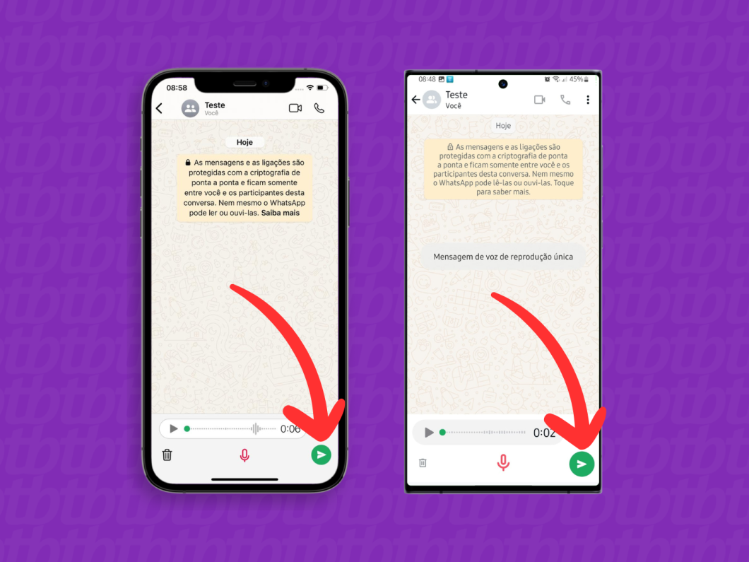 Capturas de tela do WhatsApp no iPhone e do Android mostram como enviar o áudio de visualização única