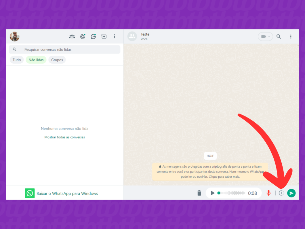 Captura de tela do site WhatsApp Web mostra como ativar o recurso de visualização única