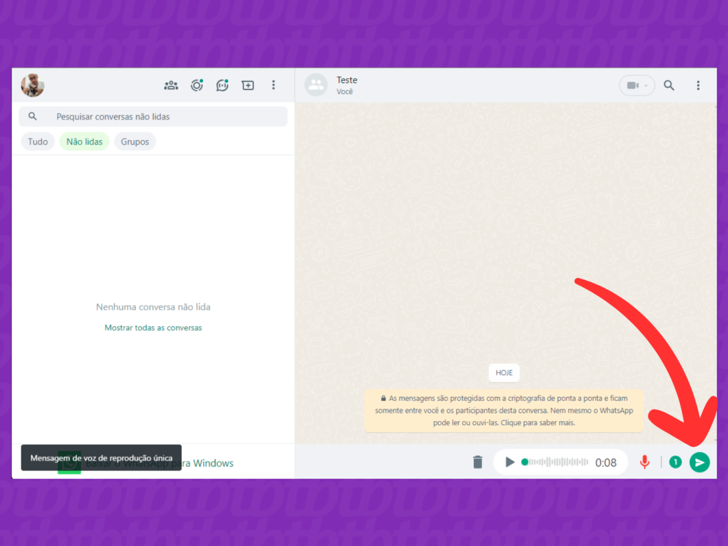 Captura de tela do site WhatsApp Web mostra como enviar um áudio de visualização única