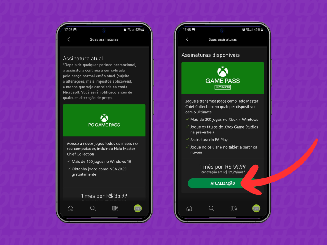 Capturas de tela do aplicativo Xbox Game Pass mostram como selecionar uma nova opção de assinatura