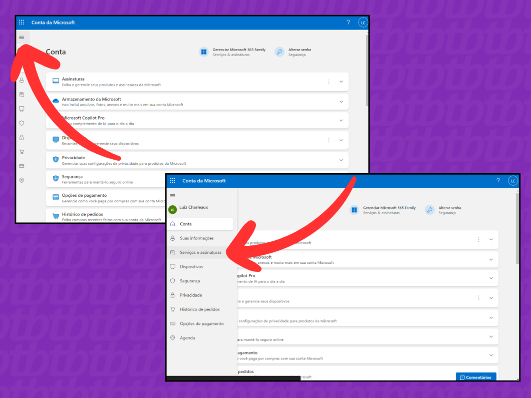Capturas de tela do site Conta Microsoft mostram como acessar o menu Serviços e assinaturas