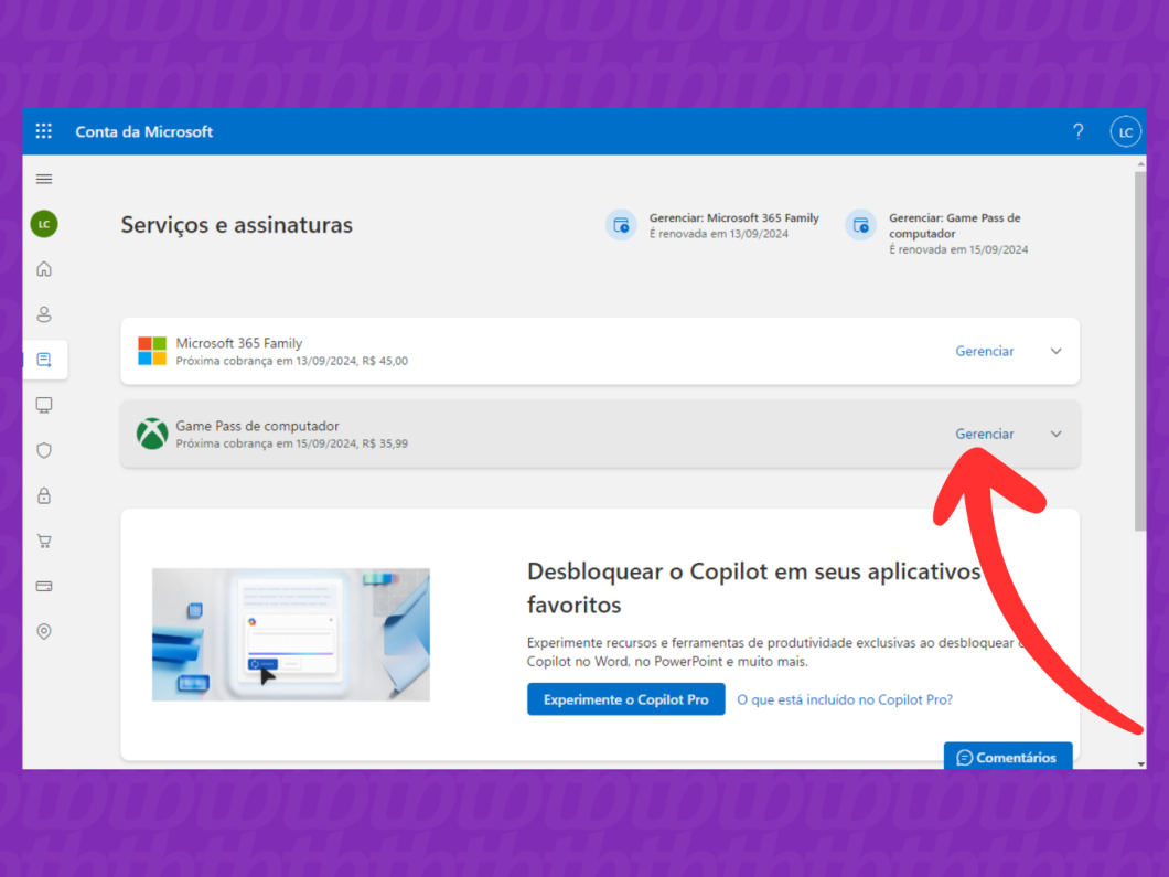 Captura de tela do site Conta Microsoft mostra como acessar o menu gerenciar assinatura do Xbox Game Pass