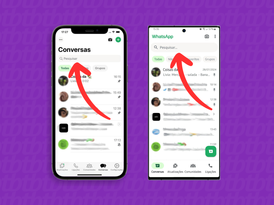 Capturas de tela do aplicativo WhatsApp no iPhone e no Android mostram como abrir o campo "Pesquisar na aba "Conversas"